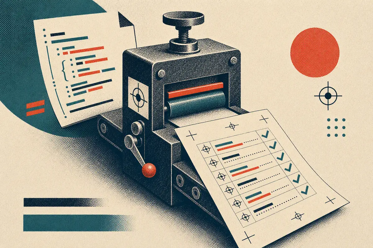 A halftone inspection press turning configuration lines into a checked proof receipt